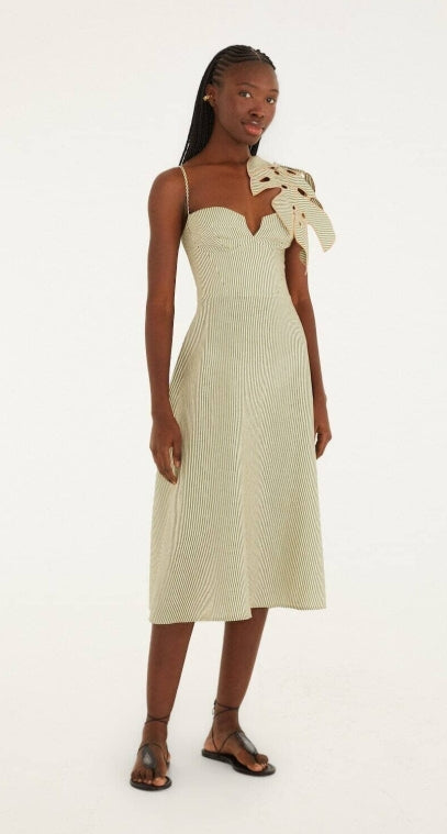 FARM RIO green striped 3d monstera leaf euroflax™ premium linen midi d –  Bishop Boutique