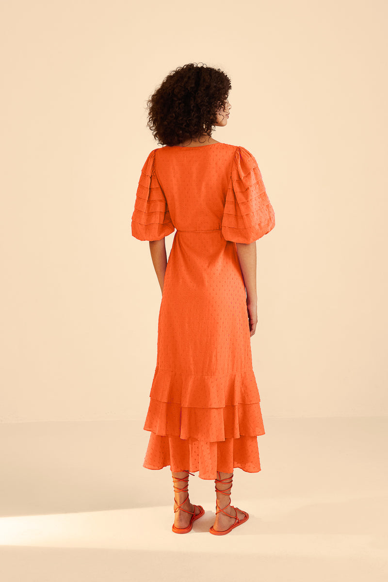 Farm Orange Ruffle Midi Dress