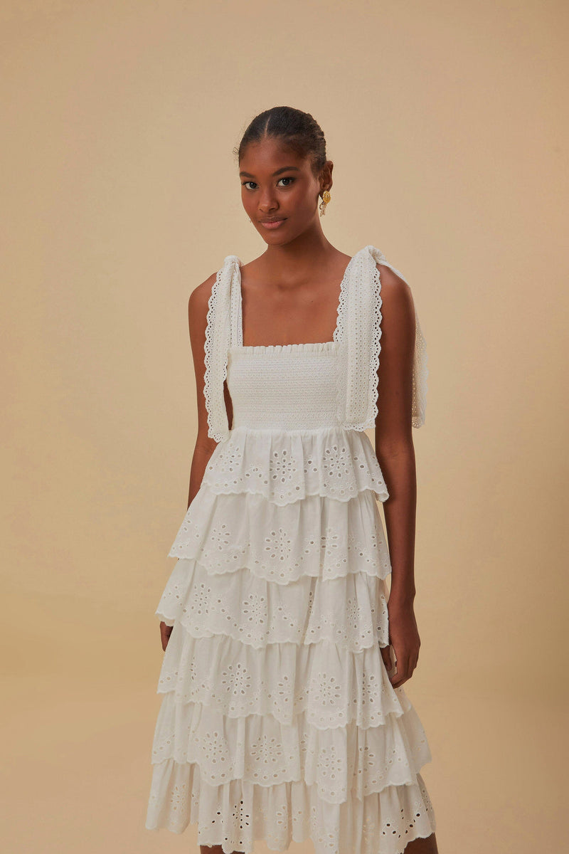 FARM Off-White Embroidered Ruffle Midi Dress