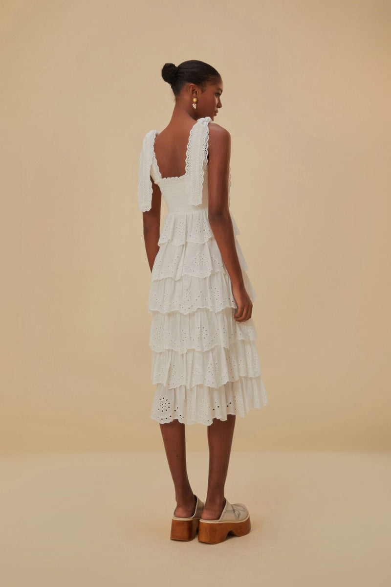 FARM Off-White Embroidered Ruffle Midi Dress