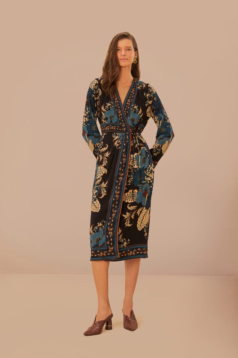 FARM RIO BLOSSOM TAPESTRY BLACK MIDI WRAP DRESS