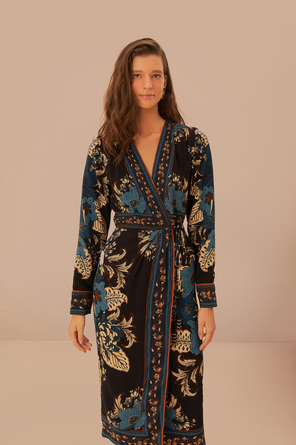 FARM RIO BLOSSOM TAPESTRY BLACK MIDI WRAP DRESS