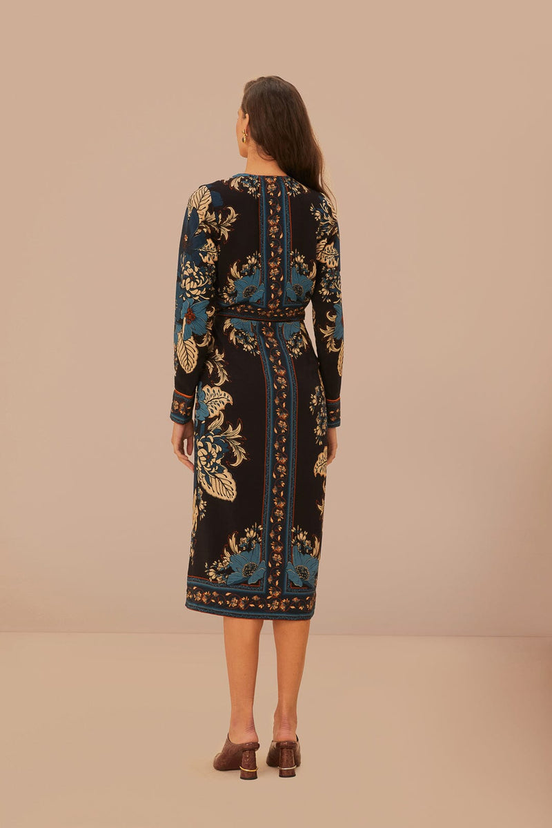 FARM RIO BLOSSOM TAPESTRY BLACK MIDI WRAP DRESS