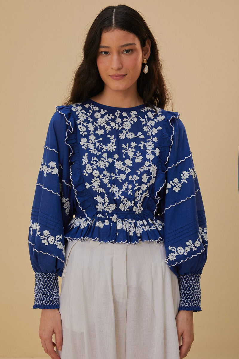 FARM Navy Blue Embroidered Long Sleeve Blouse