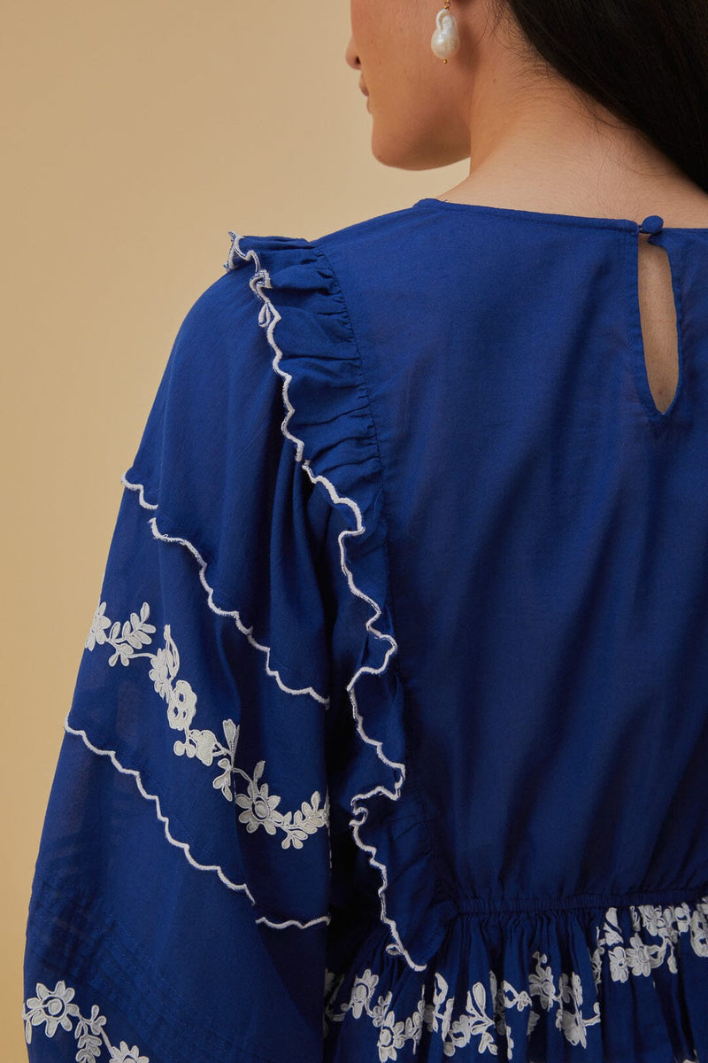 FARM Navy Blue Embroidered Long Sleeve Blouse