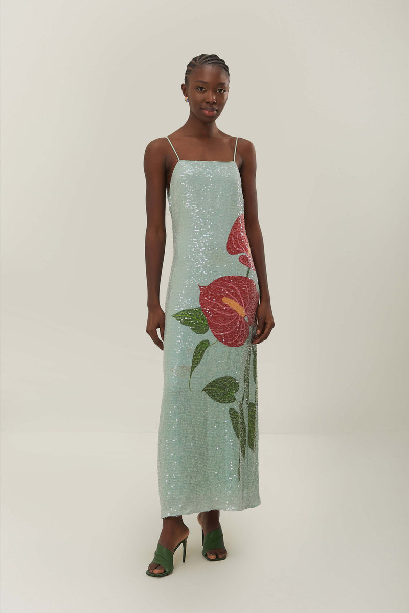 FARM RIO blue anthurium flowers slip maxi dress