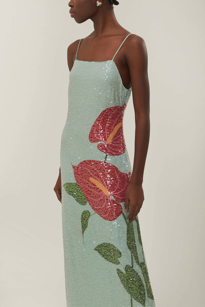 FARM RIO blue anthurium flowers slip maxi dress