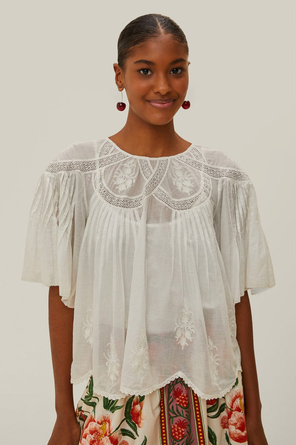 Farm Rio off-white embroidered short sleeve blouse