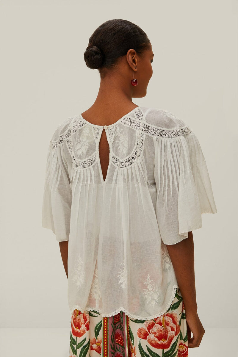 Farm Rio off-white embroidered short sleeve blouse