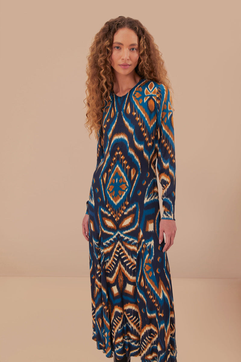 FARM RIO blue pineapple ikat lenzing™ ecovero™ viscose maxi dress