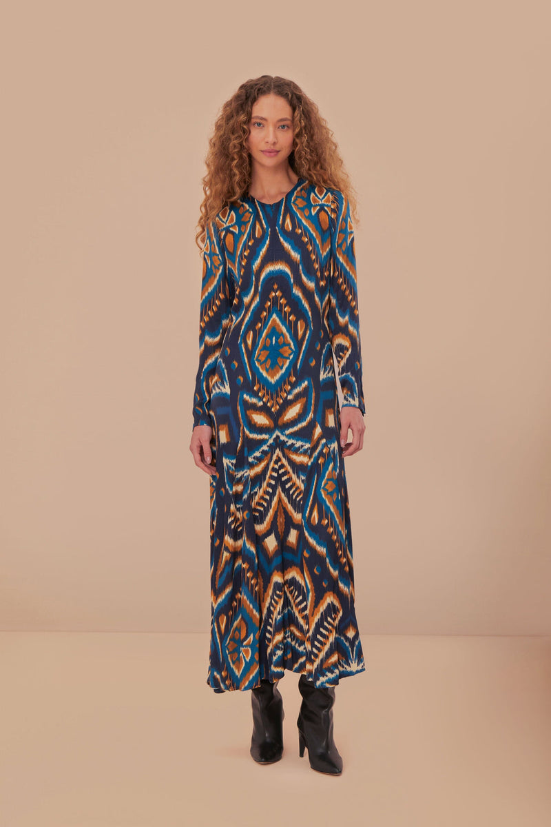 FARM RIO blue pineapple ikat lenzing™ ecovero™ viscose maxi dress