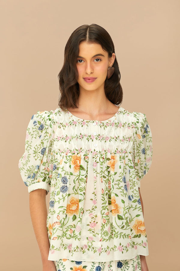 FARM RIO folk floral off-white scoop neck short sleeve blouse