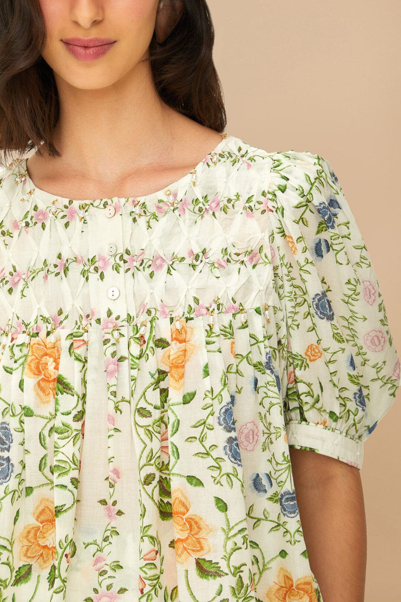 FARM RIO folk floral off-white scoop neck short sleeve blouse