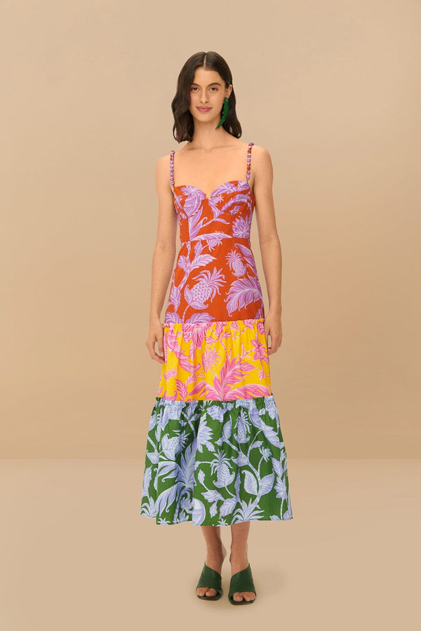 FARM RIO mixed tropical swing sleeveless midi dress