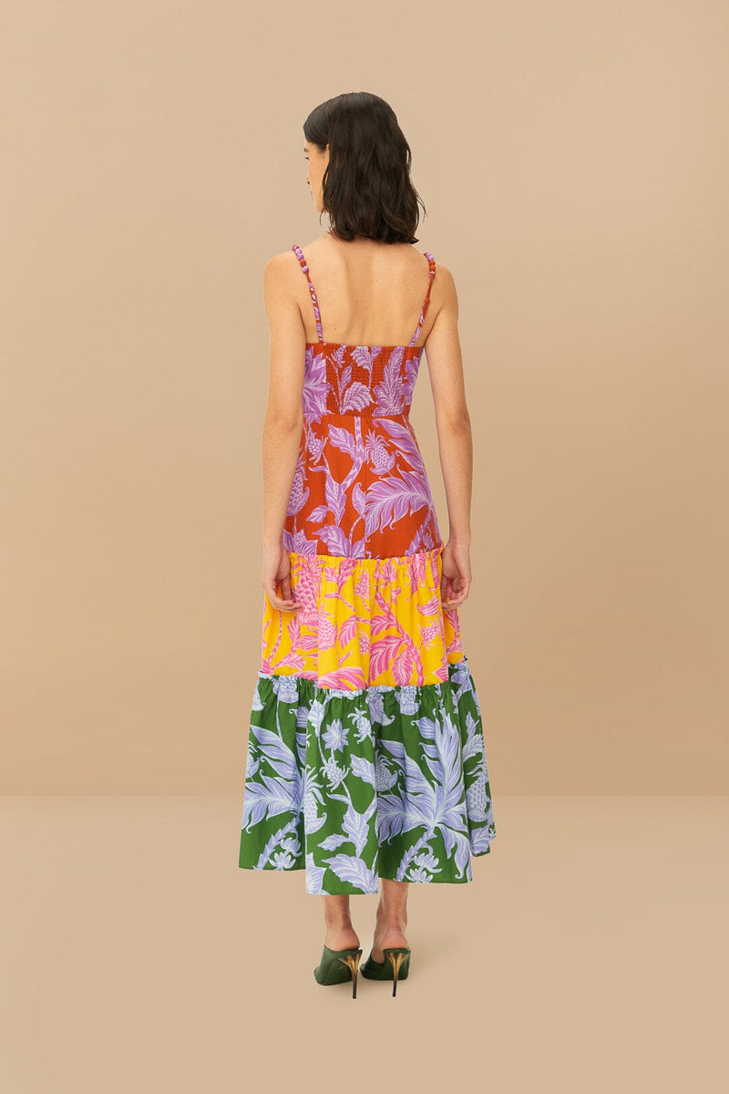 FARM RIO mixed tropical swing sleeveless midi dress