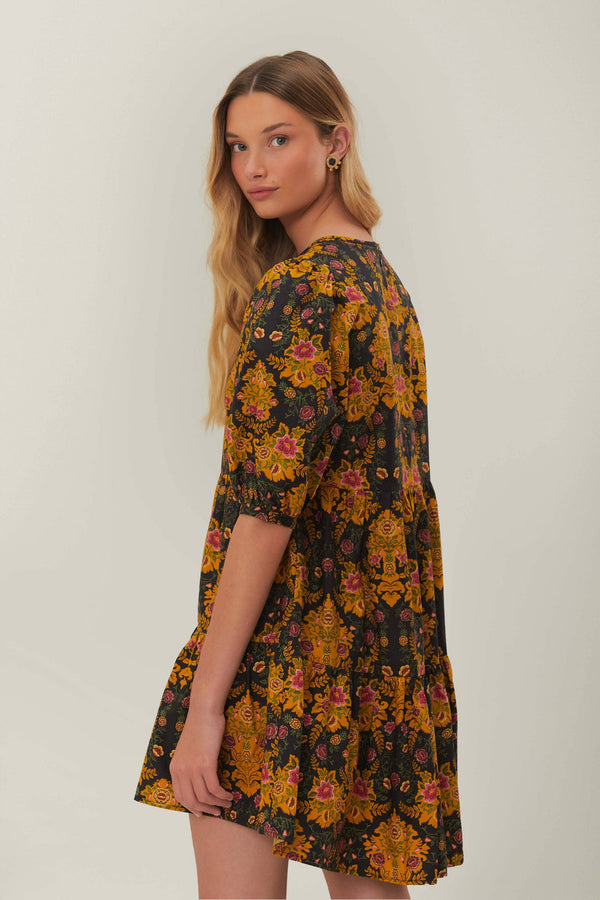 FARM RIO black arabesque floral puff sleeve mini dress