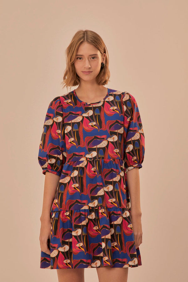 FARM RIO wild mushrooms black puff sleeve mini dress