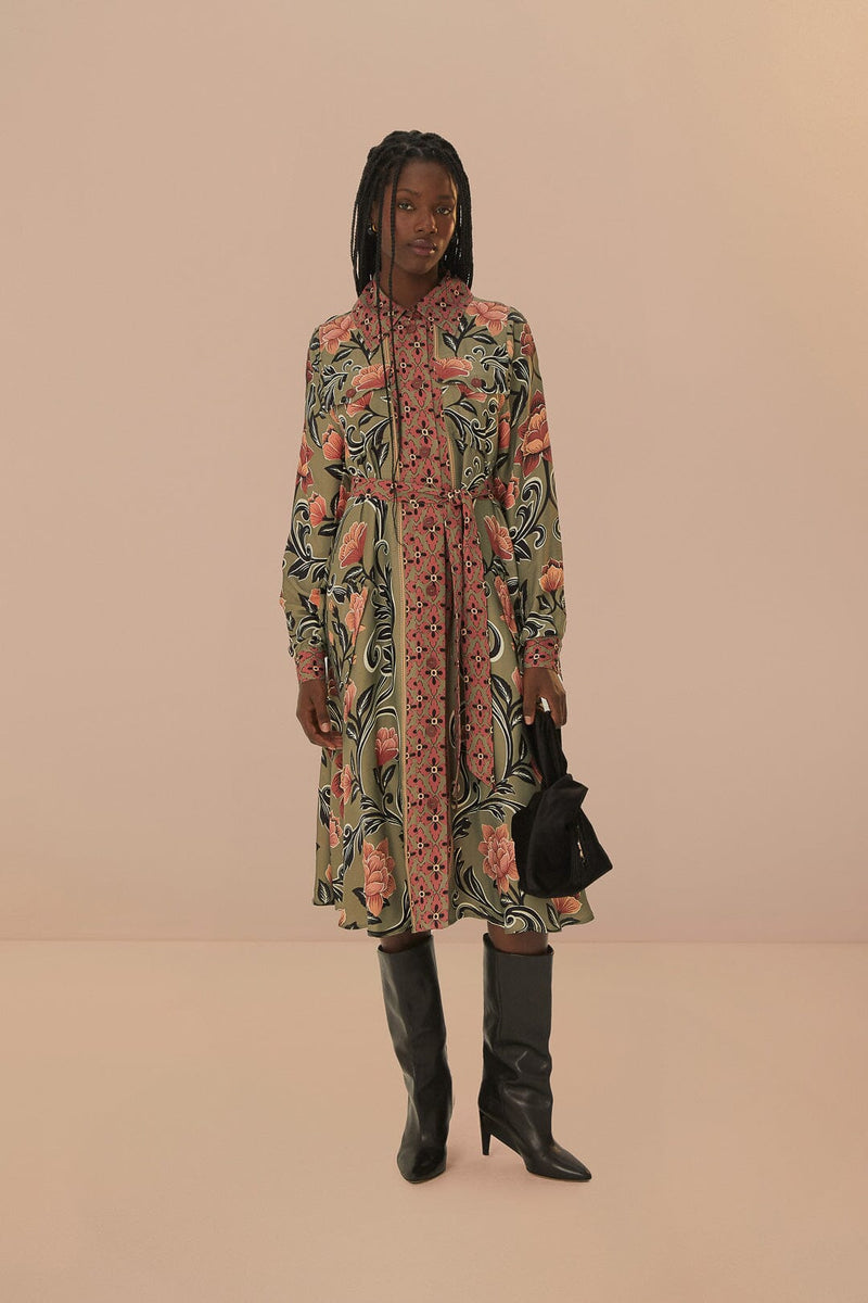 FARM RIO arabesque floral green midi dress