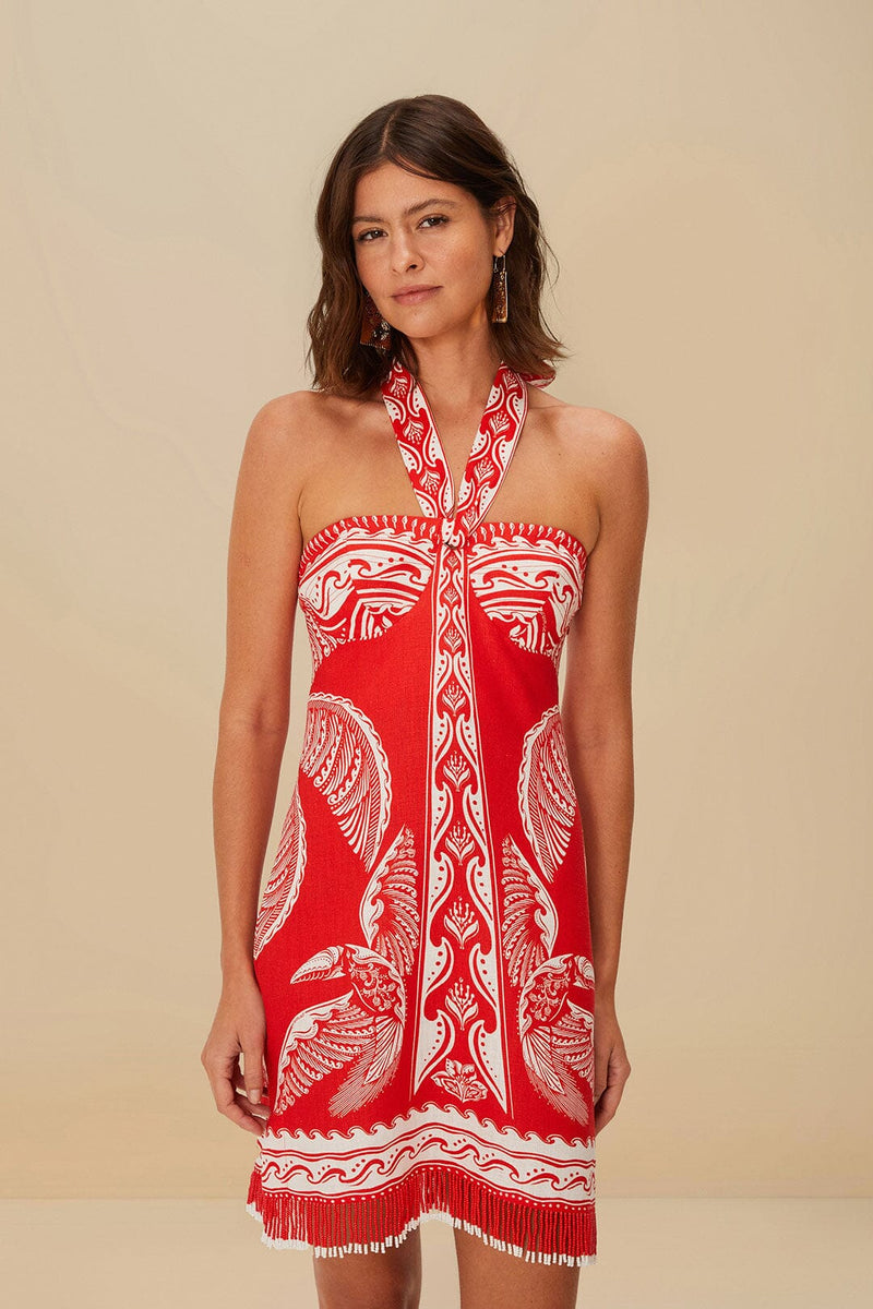 FARM RIO red majestic coconut tree euroflax™ premium linen mini dress