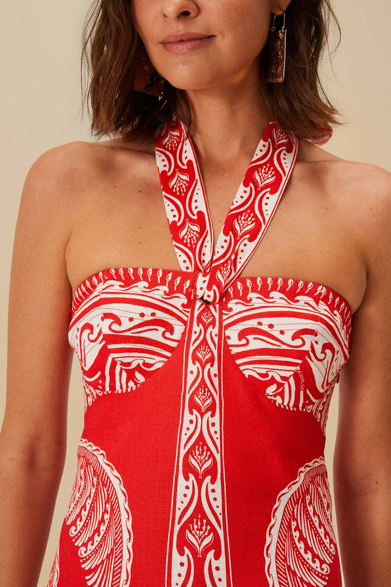 FARM RIO red majestic coconut tree euroflax™ premium linen mini dress