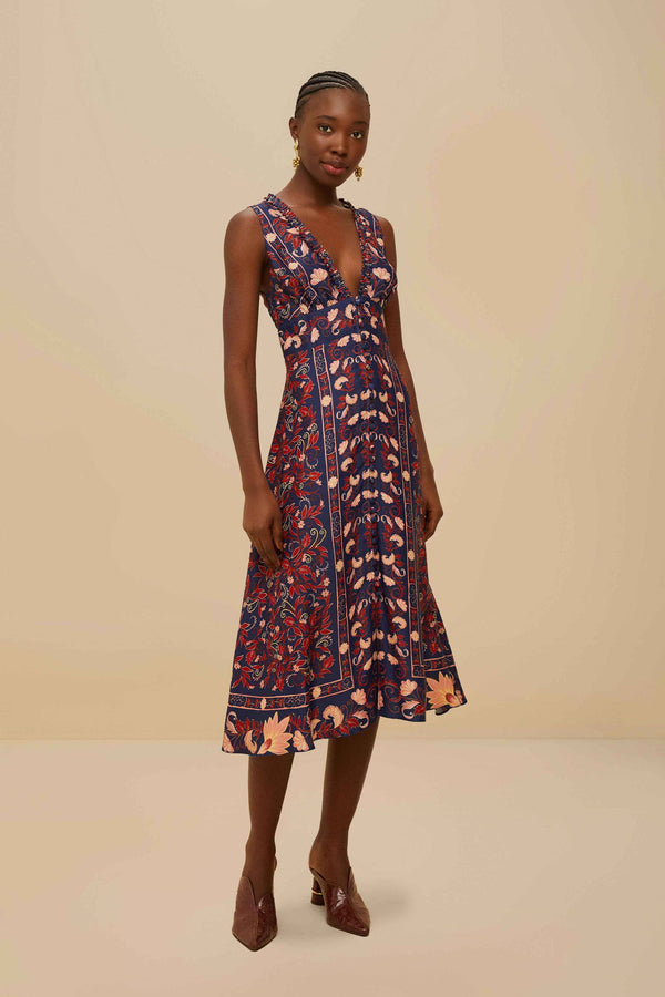 FARM RIO boho floral scarf navy blue midi dress