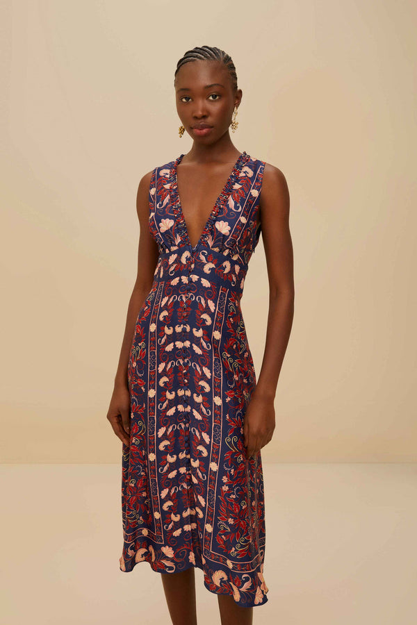 FARM RIO boho floral scarf navy blue midi dress