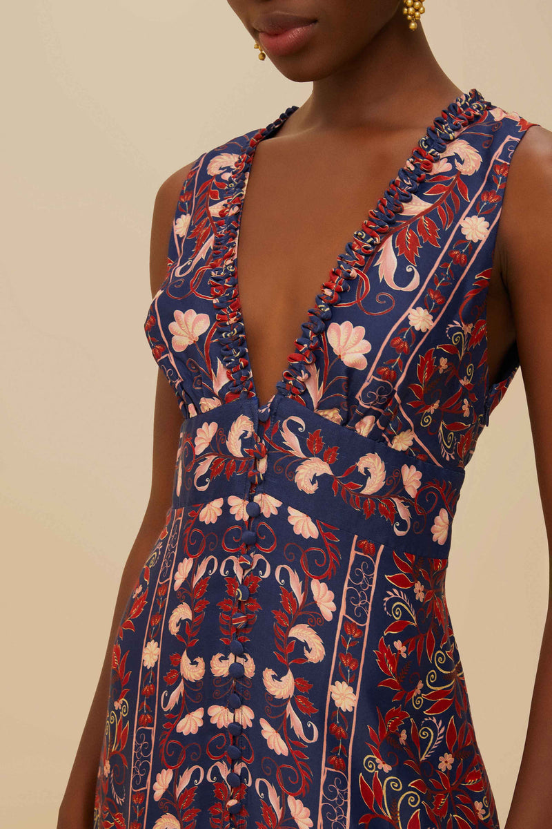 FARM RIO boho floral scarf navy blue midi dress