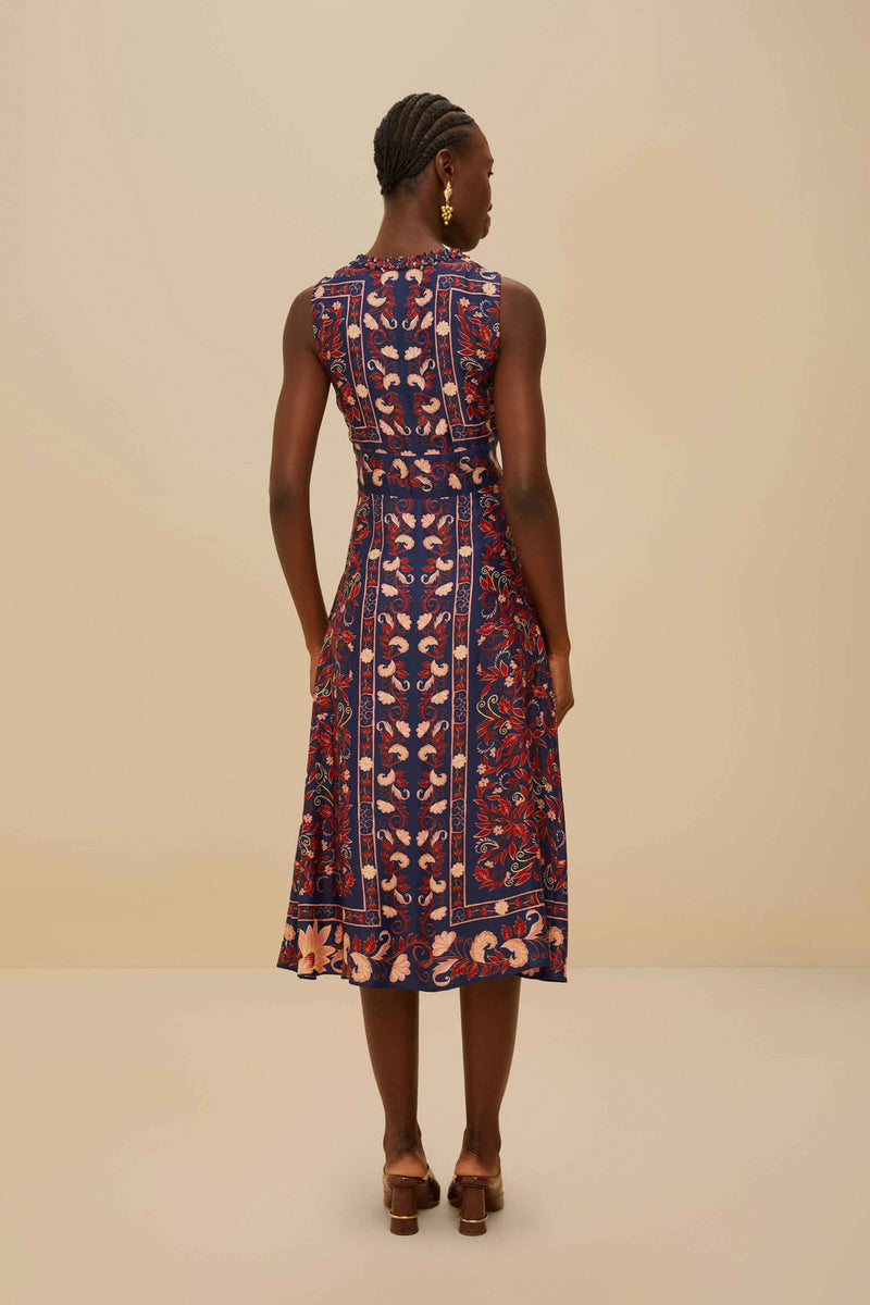 FARM RIO boho floral scarf navy blue midi dress