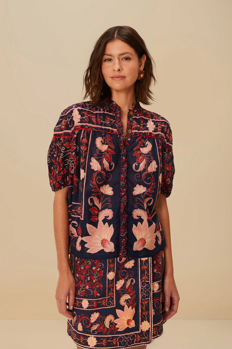 Farm Rio boho floral scarf navy blue blouse