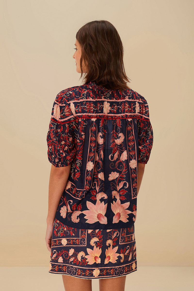 Farm Rio boho floral scarf navy blue blouse