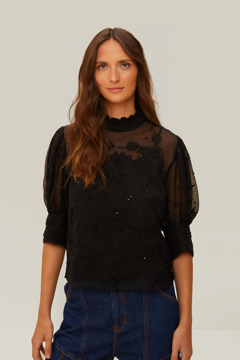 FARM RIO black short sleeve blouse