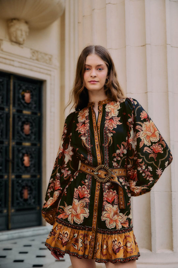 FARM RIO black majestic garden beaded buckle long sleeve mini dress