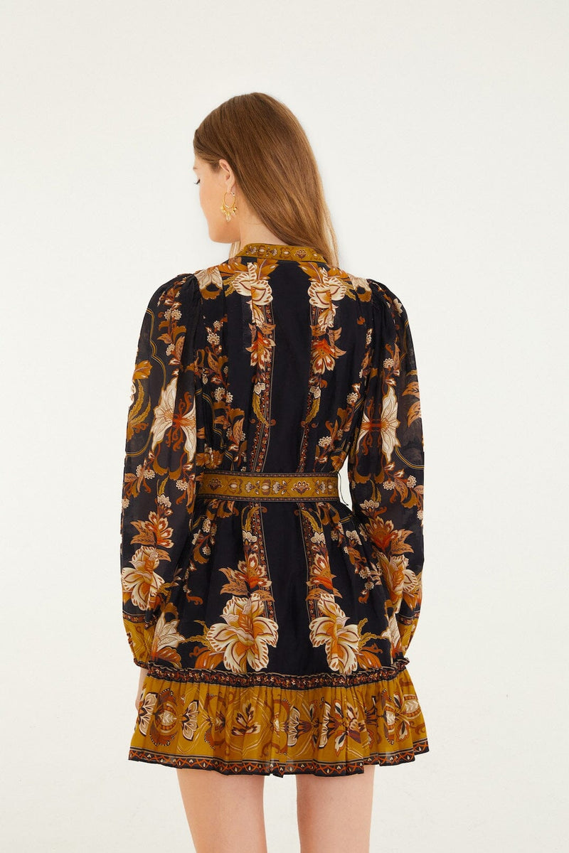 FARM RIO black majestic garden beaded buckle long sleeve mini dress