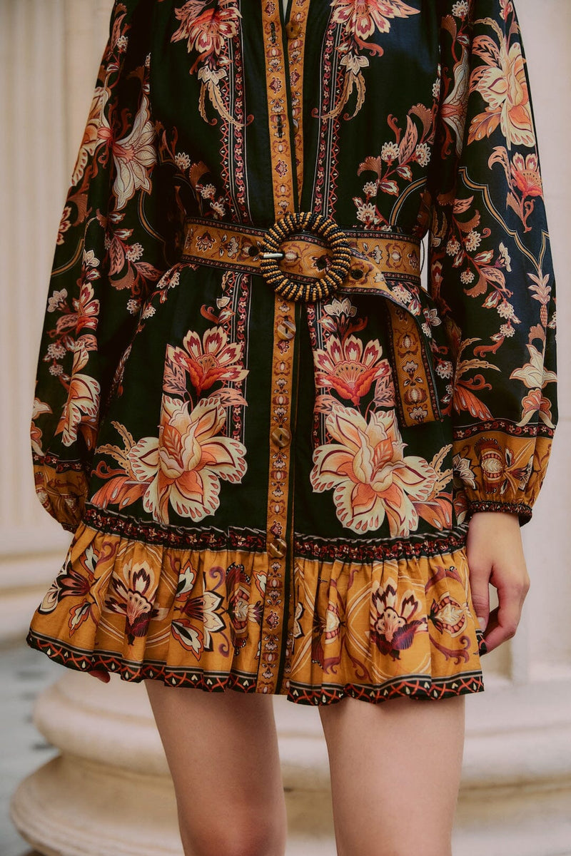 FARM RIO black majestic garden beaded buckle long sleeve mini dress