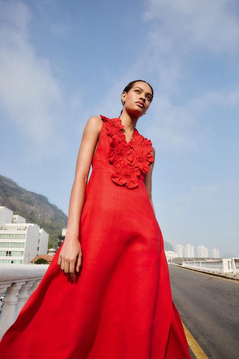 farm rio red maxi dress FARM RIO red 3d flower euroflax premium linen maxi dress – Bishop Boutique
