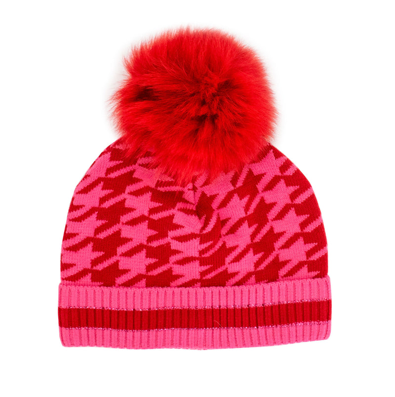 Mitchie's KNIT HOUNDSTOOTH BEANIE WITH FOX FUR POMPOM