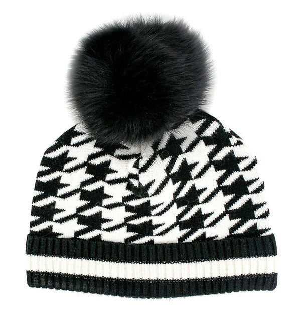 Mitchie's KNIT HOUNDSTOOTH BEANIE WITH FOX FUR POMPOM