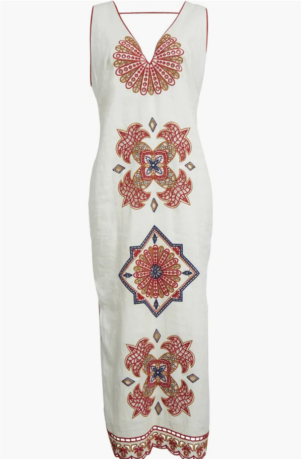 FARM RIO Mary's Tiles Embroidered Detail Linen Dress