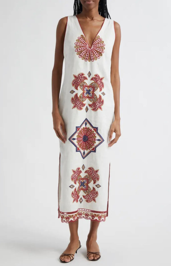 FARM RIO Mary's Tiles Embroidered Detail Linen Dress