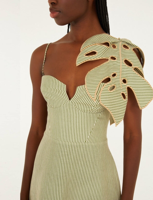 FARM RIO green striped 3d monstera leaf euroflax premium linen midi d   Bishop Boutique