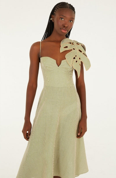 FARM RIO green striped 3d monstera leaf euroflax™ premium linen midi d –  Bishop Boutique
