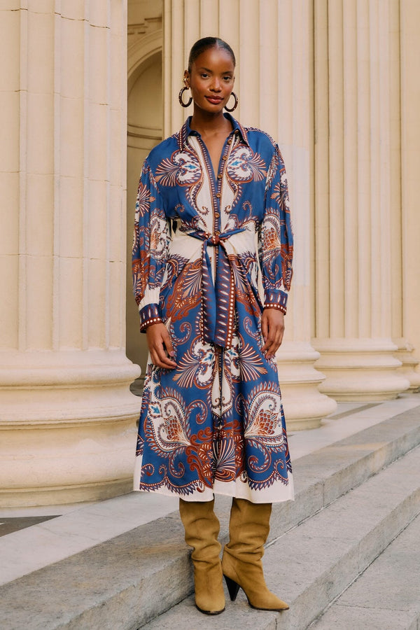 Farm Rio blue arabesque scarf lenzing™ ecovero™ viscose midi dress