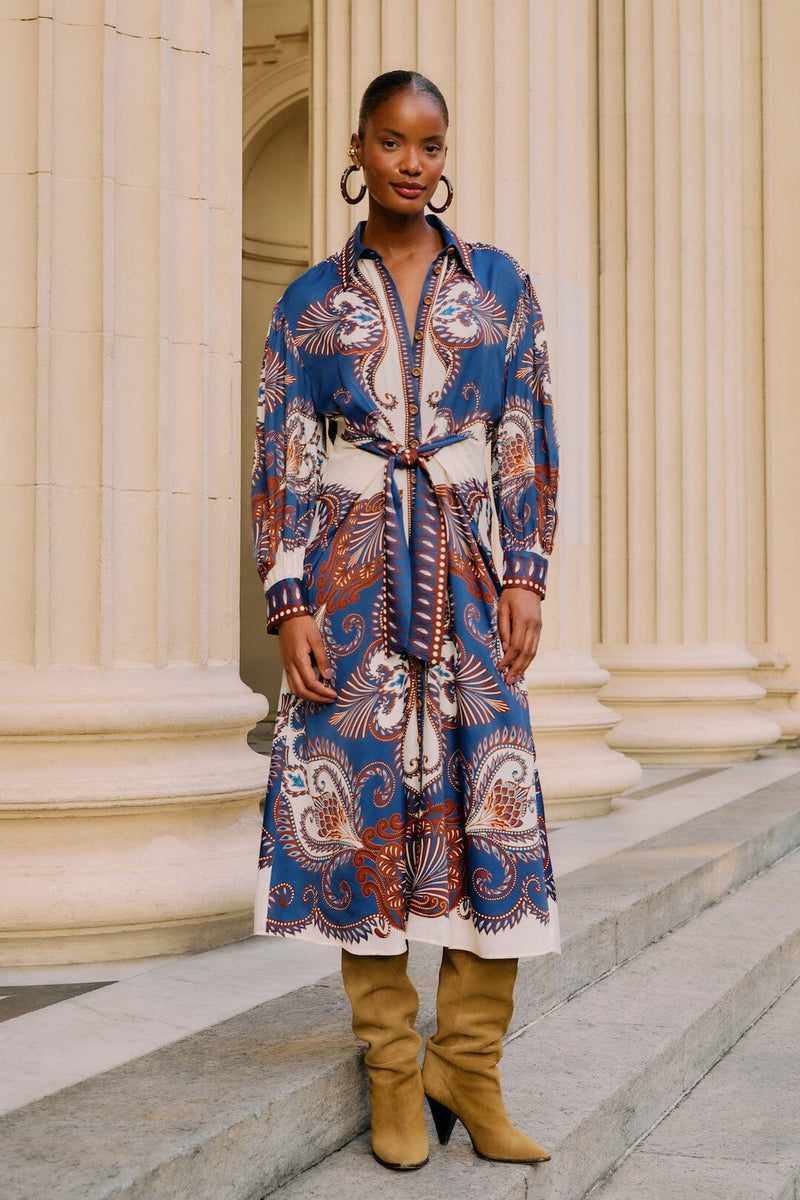 Farm Rio blue arabesque scarf lenzing™ ecovero™ viscose midi dress