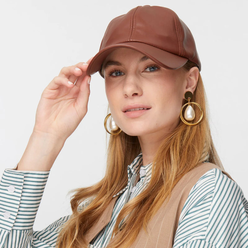 Lele Sadoughi WALNUT FAUX LEATHER BASEBALL CAP