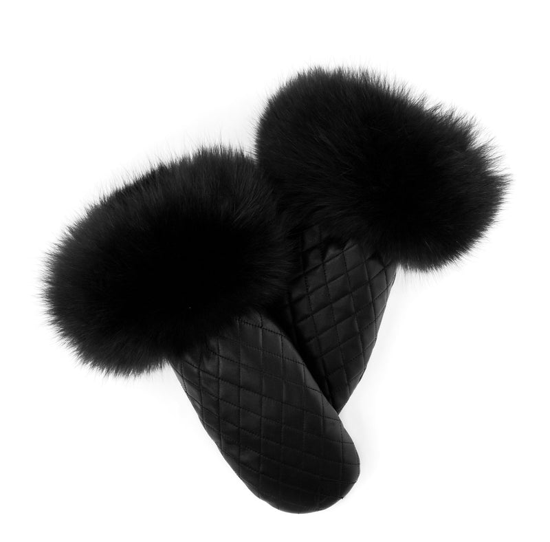 Quilted Leather Black Fox Trim Mittens
